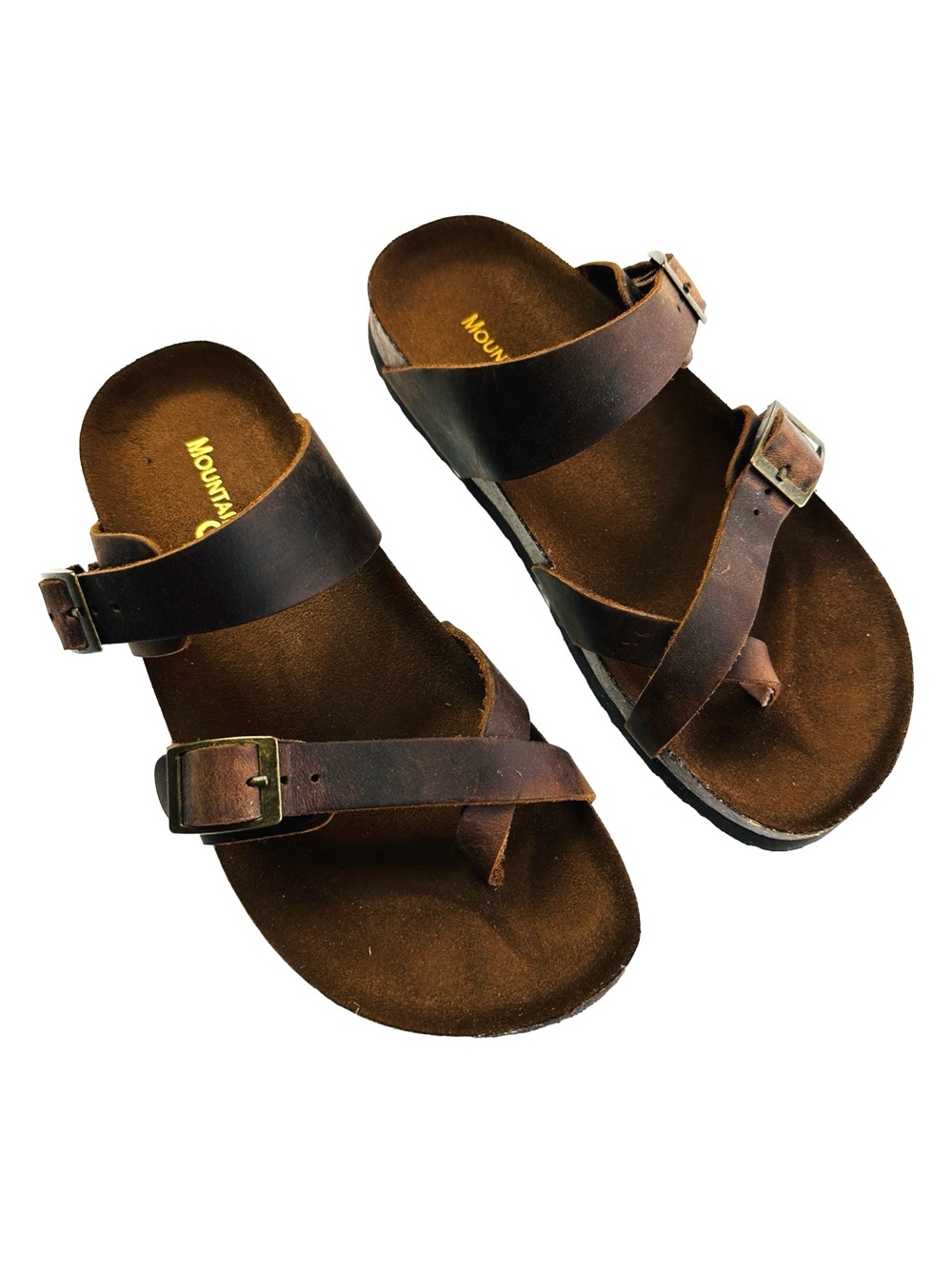Mountain Sole Strappy Leather Buckle Toe-Loop Layered Cork Slip On Sandals